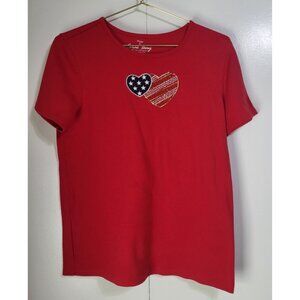 Coral Bay Missy SZ S Patriotic Bling USA American Red T Shirt 4th of July Hearts